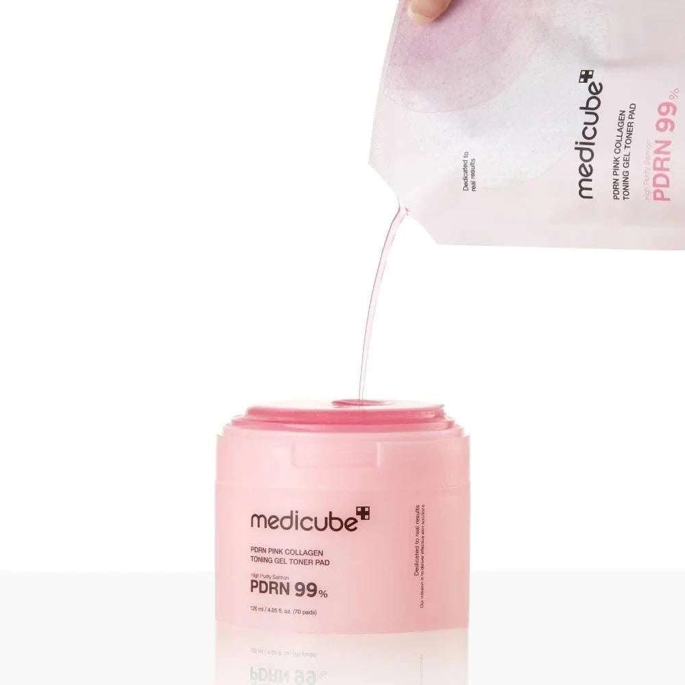 bareskin.lt medicube PDRN Pink Collagen Toning Gel Toner Pads toniko padeliai su PDRN (Sodium DNA) skirti kasdienei odos priežiūrai, palaikant odos komfortą, drėgmės balansą ir prižiūrėtos odos būklę