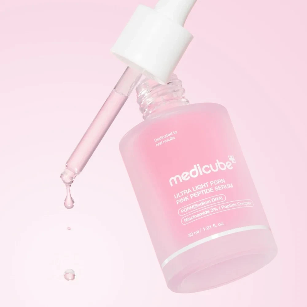bareskin.lt Medicube Ultra Light PDRN Pink Peptide Serum in a frosted glass bottle with a glass dropper