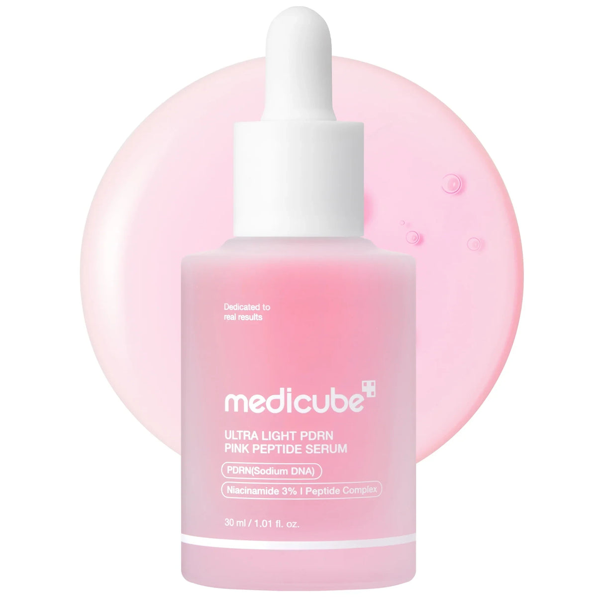 bareskin.lt Medicube Ultra Light PDRN Pink Peptide Serum in a frosted pink glass bottle with a white dropper cap.