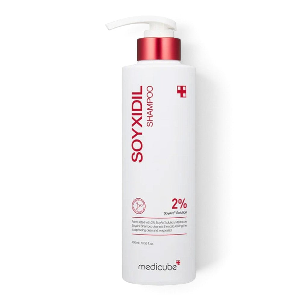 bareskin.lt Medicube Soyxidil Shampoo in a white bottle with a red pump dispenser for scalp care and hair health.