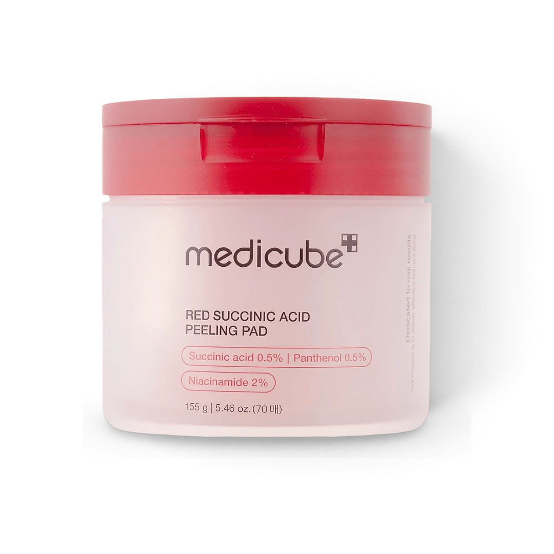 bareskin.lt Medicube Red Succinic Acid Peeling Pads tonizuojantys padeliai su salicilo rūgštimi, gintaro rūgštimi ir niacinamidu sukurti į aknę linkusios, riebios ar mišrios odos priežiūrai