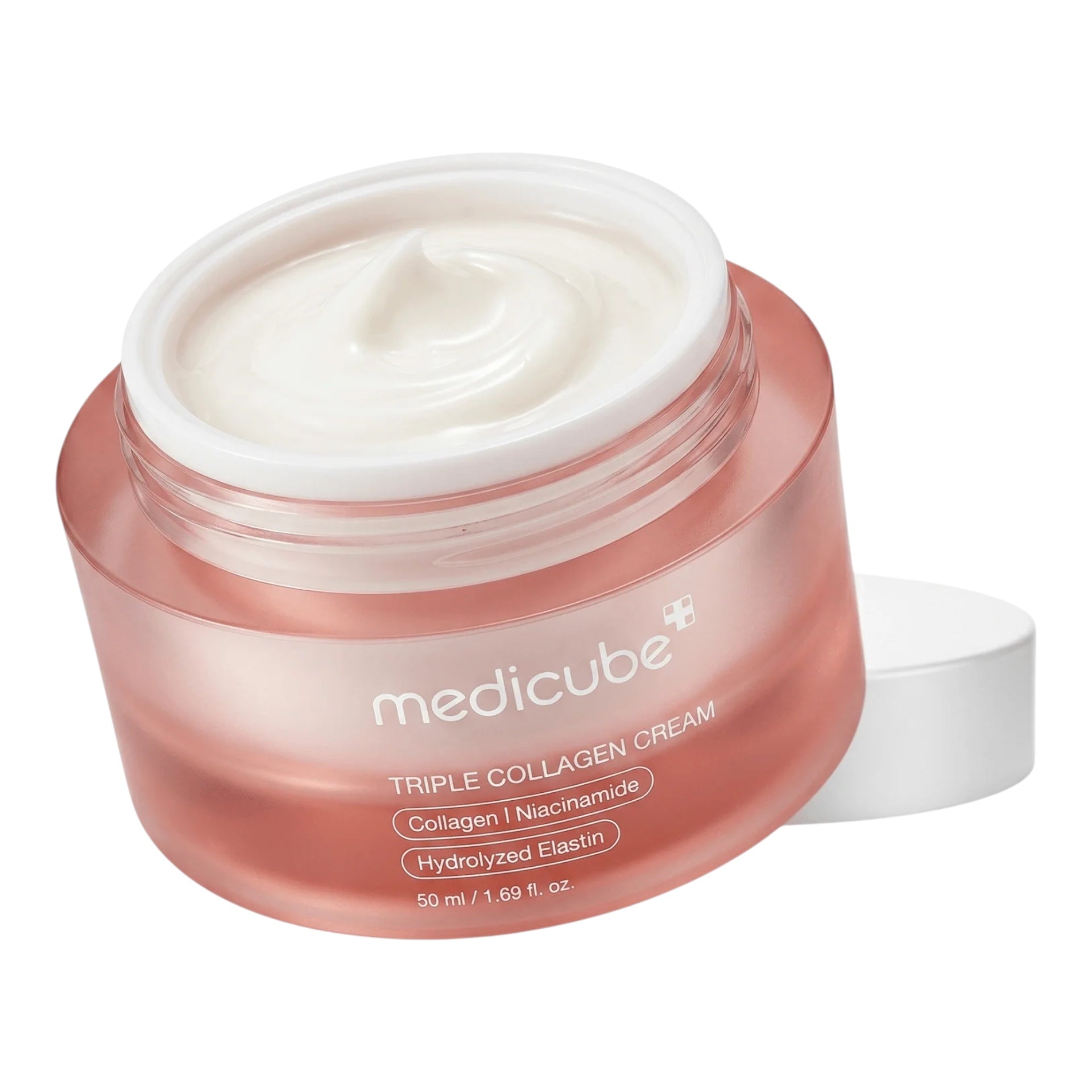 Medicube Triple Collagen Cream from bareskin.lt in a pink jar with white anti-aging face cream texture.