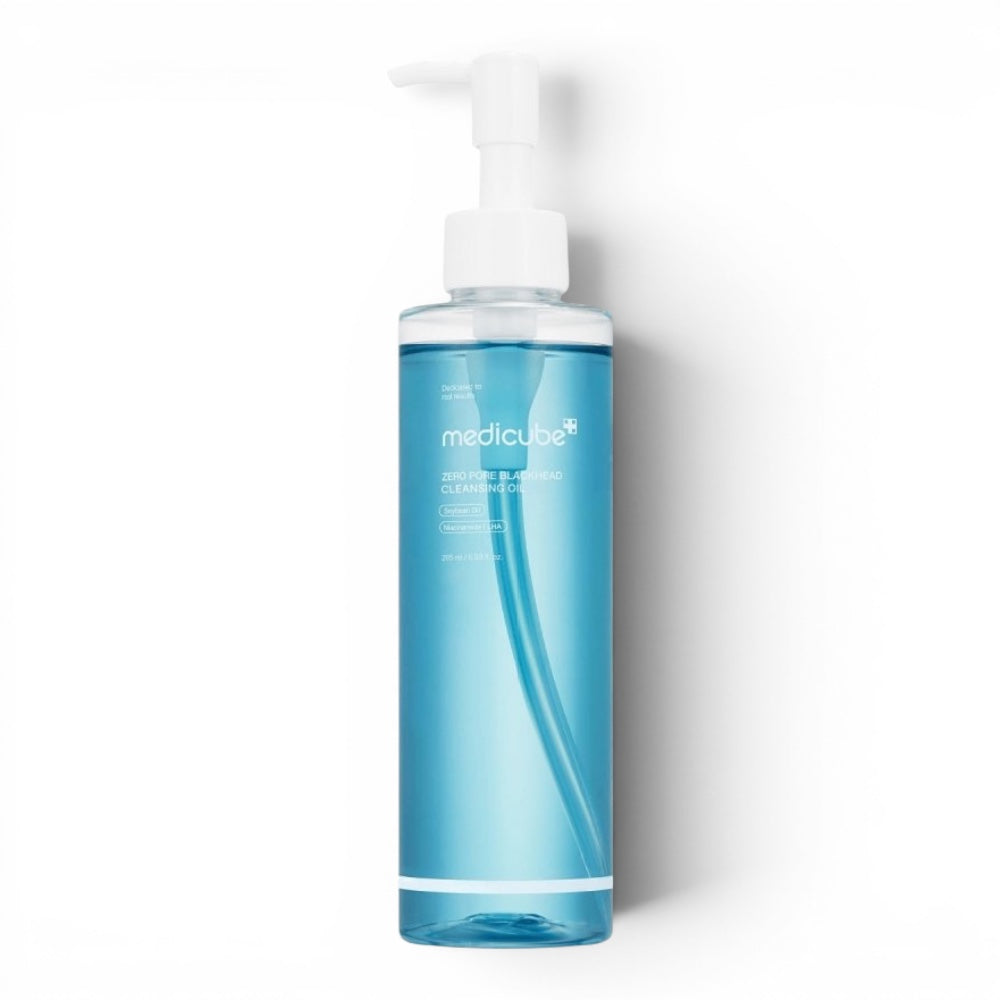 Medicube Zero Pore Blackhead Deep Cleansing Oil in a blue bottle with a pump dispenser, sold at bareskin.lt