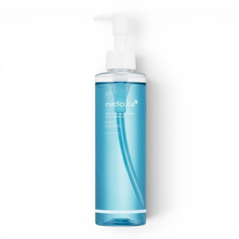 Medicube Zero Pore Blackhead Deep Cleansing Oil in a blue bottle with a pump dispenser, sold at bareskin.lt