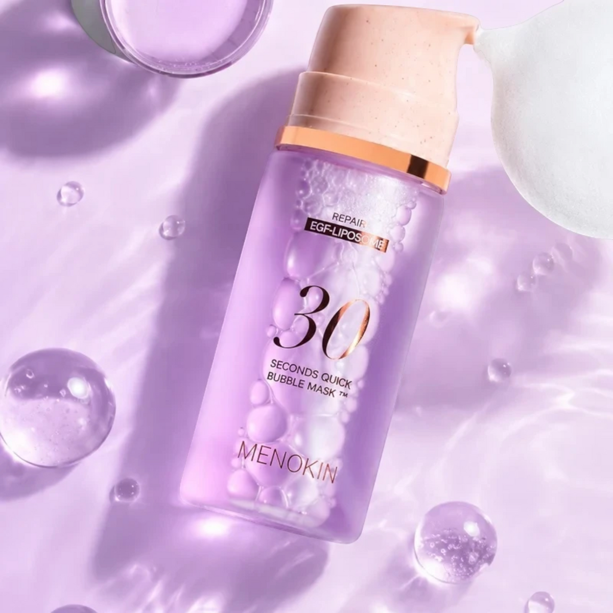 bareskin.lt MENOKIN 30 Seconds Quick Bubble Mask in a purple bottle with a pump dispenser on a water-themed background