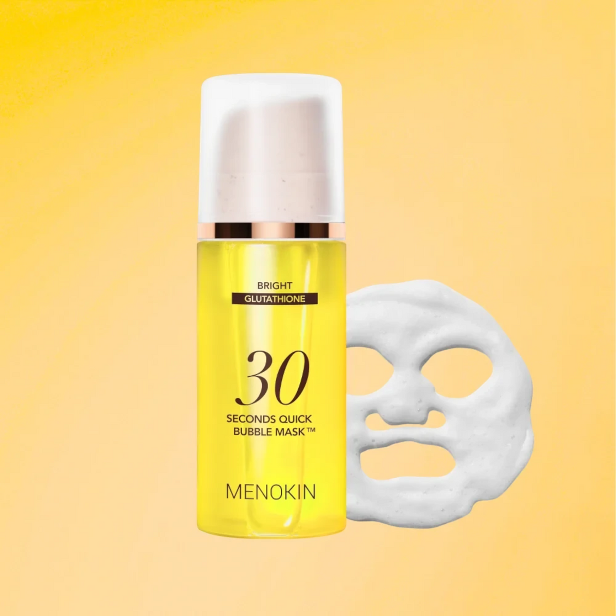 bareskin.lt MENOKIN 30 Seconds Quick Bubble Bright face mask bottle with white foam mask cutout on yellow background