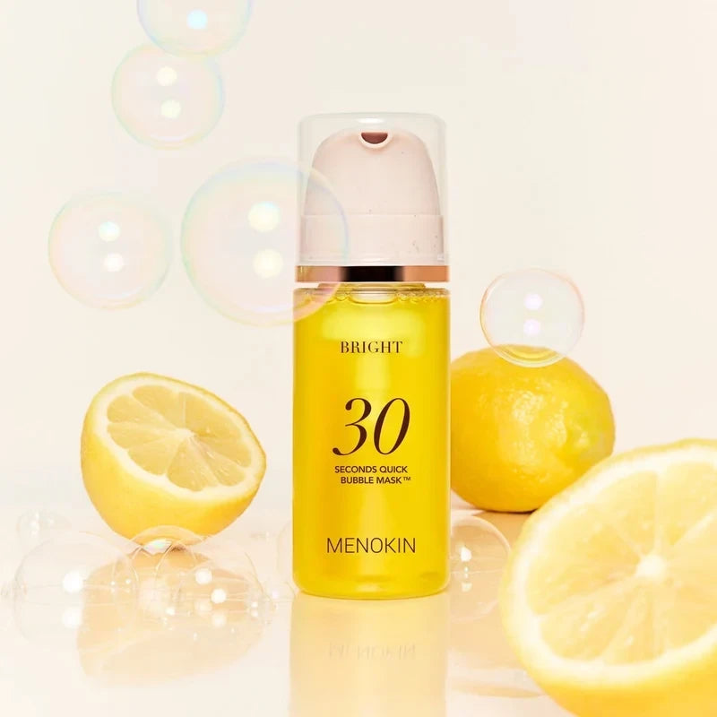 bareskin.lt MENOKIN 30 Seconds Quick Bubble Bright mask in a yellow bottle surrounded by fresh lemons and bubbles