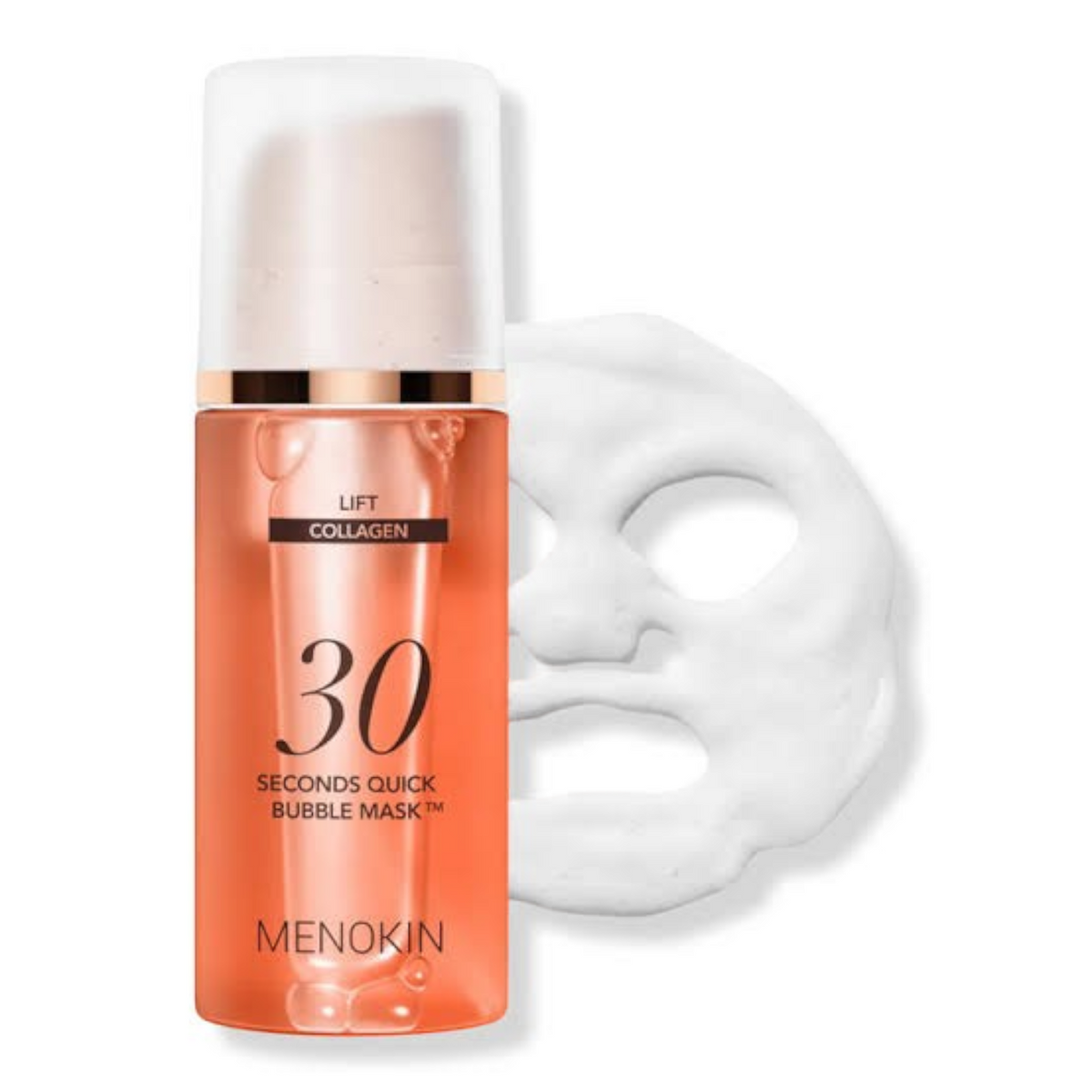 bareskin.lt MENOKIN 30 Seconds Quick Bubble Mask Lift in a clear orange bottle with a white foam sheet mask