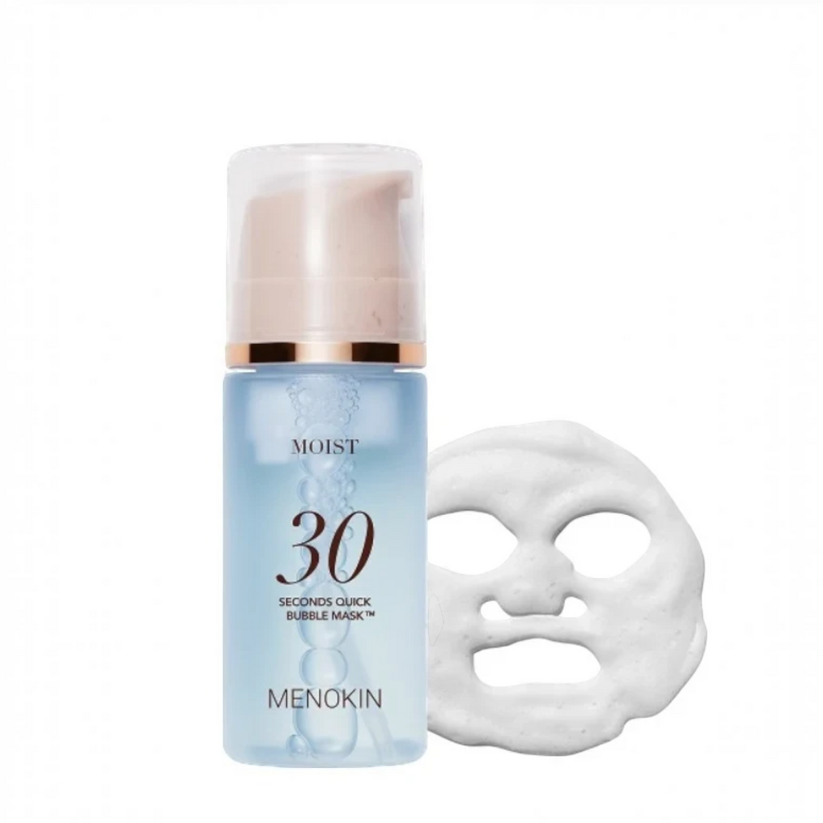 bareskin.lt MENOKIN 30 Seconds Quick Bubble Mask Moist in a blue pump bottle with a white foam face mask shape