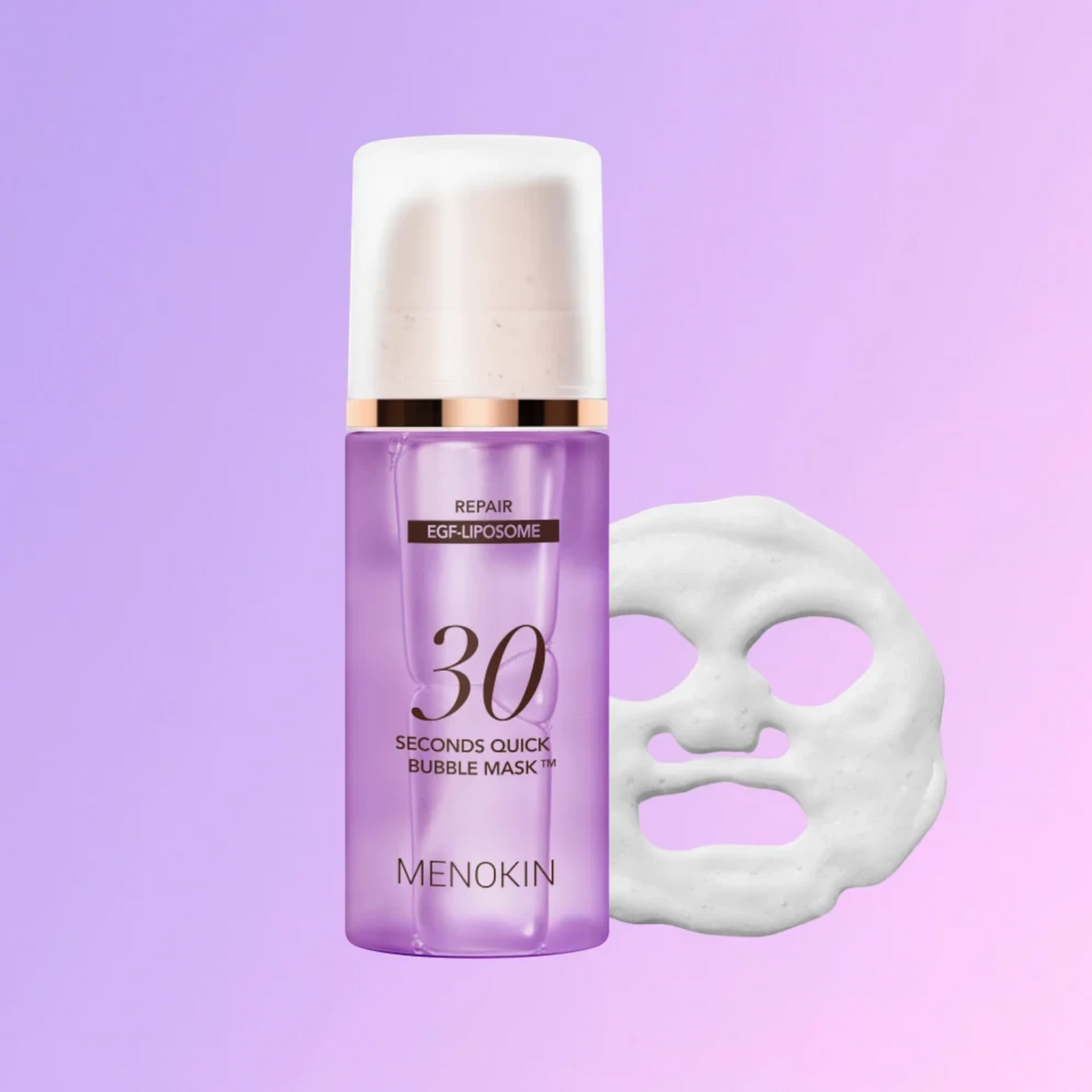 bareskin.lt MENOKIN 30 Seconds Quick Bubble Mask Repair bottle with a white foam face mask shape on a purple background