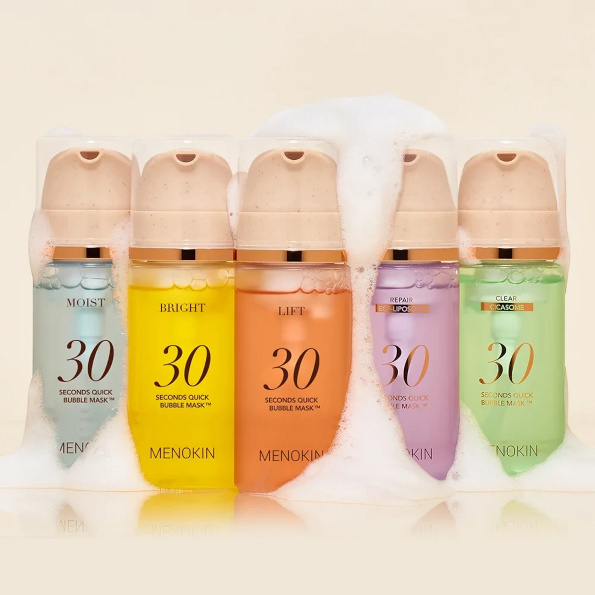 Five bareskin.lt MENOKIN 30 Seconds Quick Bubble Mask bottles in various pastel colours covered in white foam.