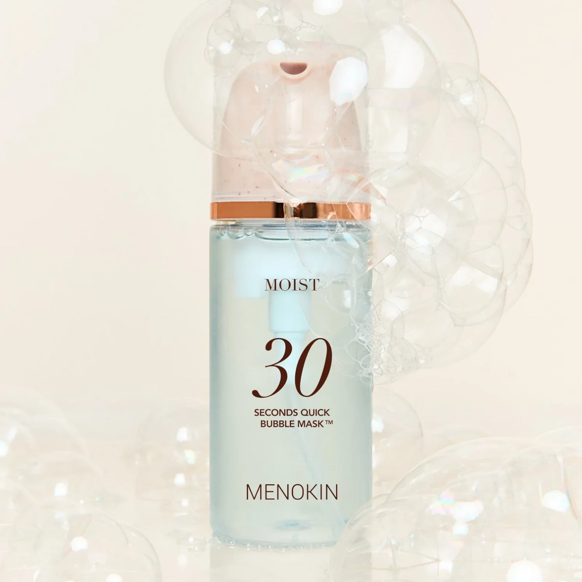 MENOKIN 30 Seconds Quick Bubble Mask Moist by bareskin.lt in a clear pump bottle surrounded by cleansing foam bubbles
