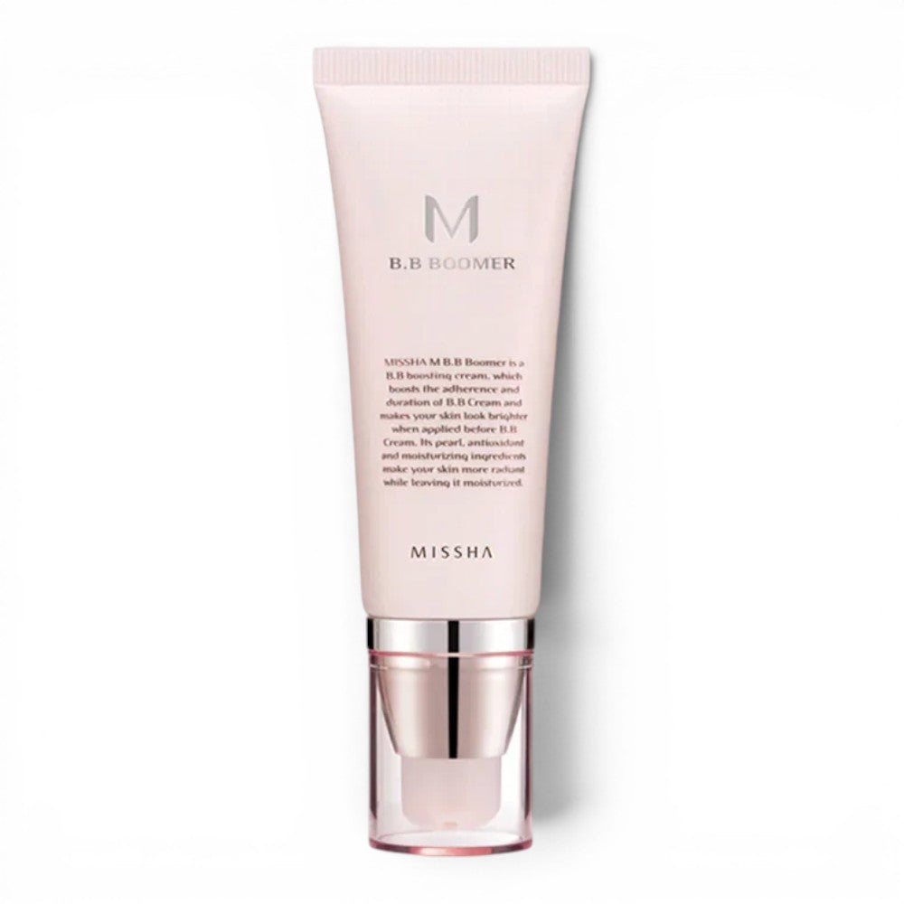 bareskin.lt MISSHA M BB Boomer makeup primer in a pale pink tube with a clear pump cap for radiant skin.