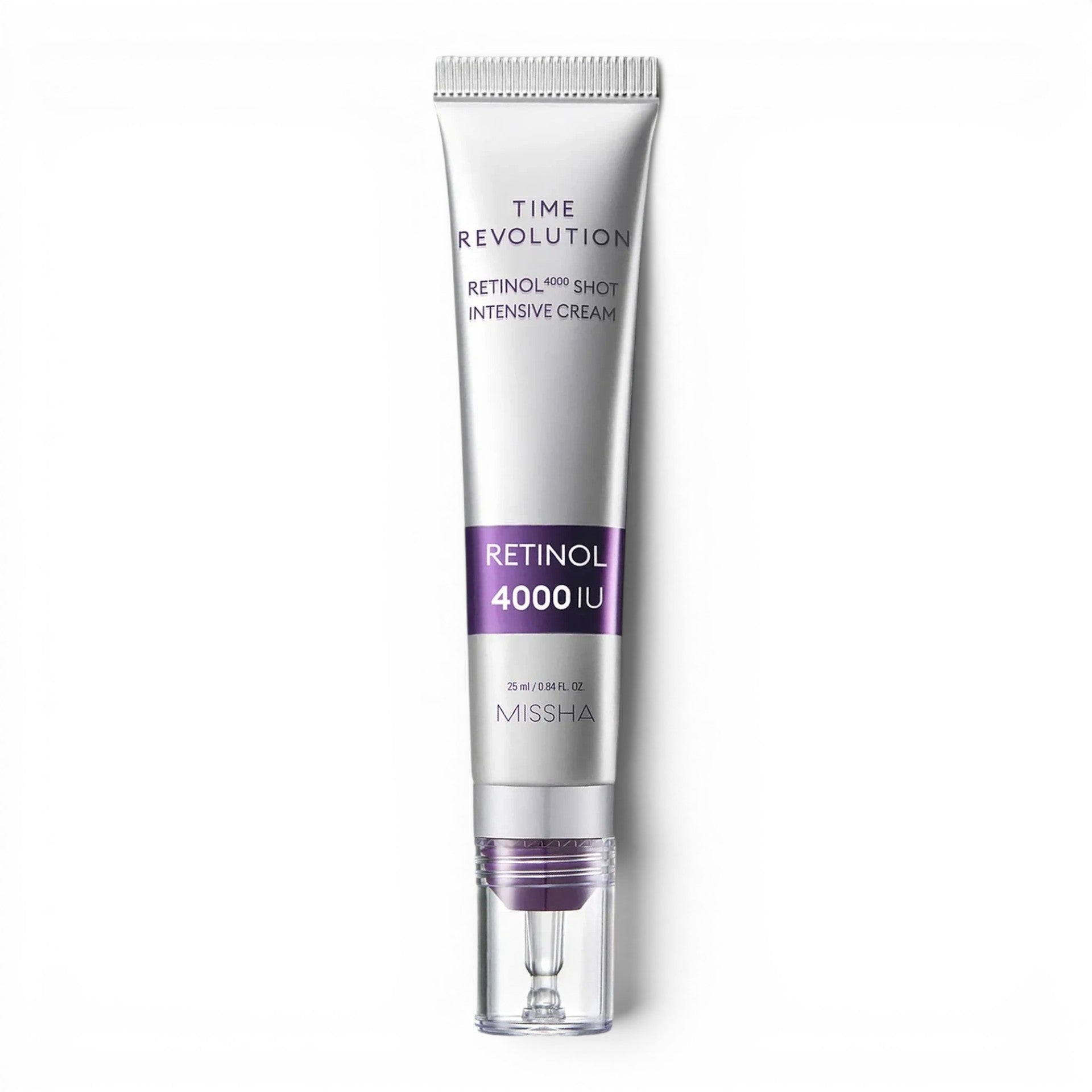 bareskin.lt MISSHA Time Revolution Retinol 4000 Shot Intensive Cream in a silver and purple squeeze tube