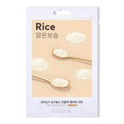 bareskin.lt Missha Airy Fit Rice sheet mask packaging with a beige background and wooden spoons of rice grains