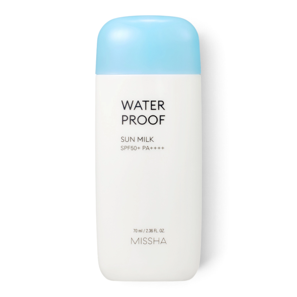 MISSHA All Around Safe Block Waterproof Sun Milk SPF50+ from bareskin.lt in a white bottle with a light blue cap.