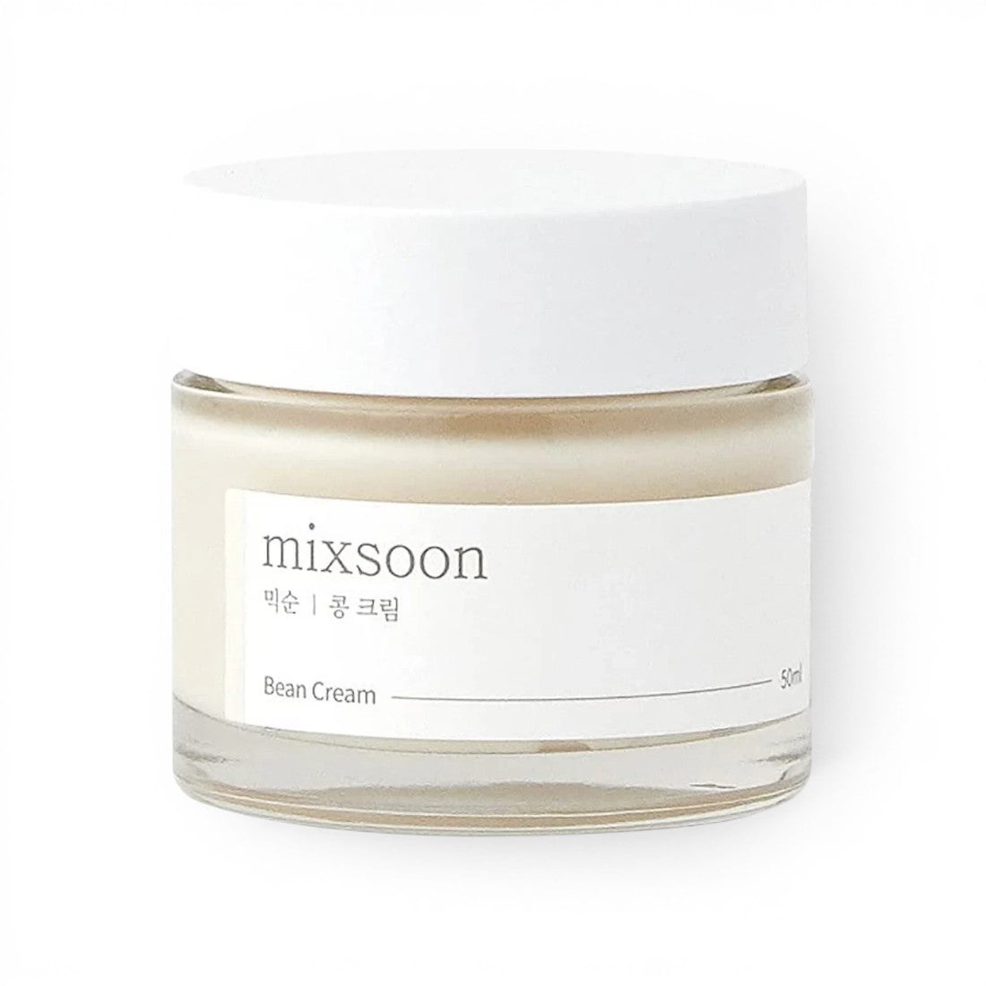 bareskin.lt MIXSOON Bean cream in a glass jar with white lid, featuring fermented soybean extract for skin hydration.