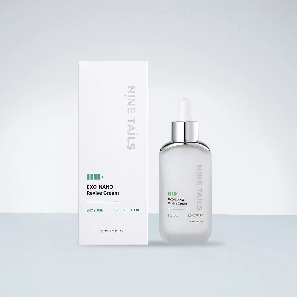bareskin.lt Nine Tails Exo-Nano Revive Cream in a white frosted glass bottle with a dropper and matching outer box.