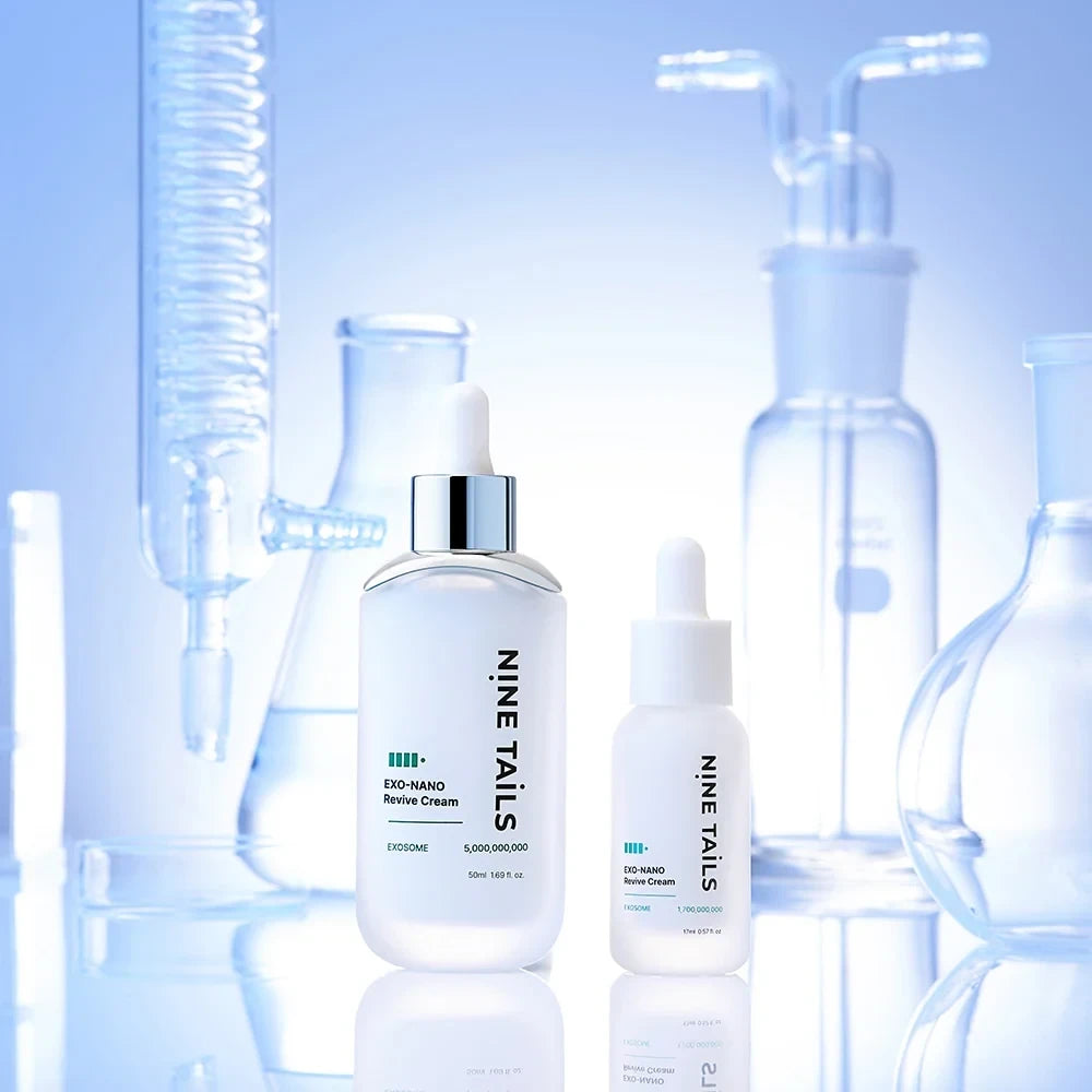 Two white bottles of Nine Tails Exo-Nano Revive Cream by bareskin.lt displayed in a laboratory setting with glassware.