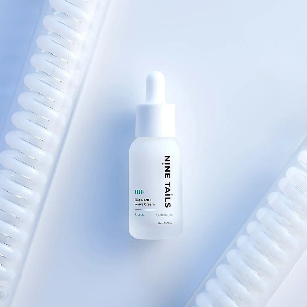 bareskin.lt Nine Tails Exo-Nano Revive Cream in a white frosted glass dropper bottle on a clean white background