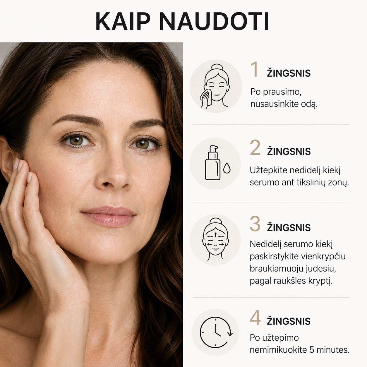 bareskin.lt Nine Tails Advanced Line Lift Serum application guide showing a woman and four step-by-step instructions