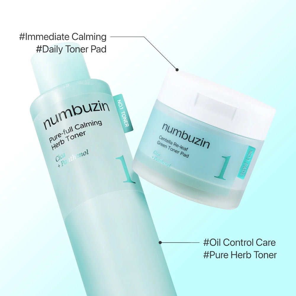 numbuzin No.1 Pure-Full Calming Herb Toner and Toner Pad set from bareskin.lt for soothing sensitive, acne-prone skin.