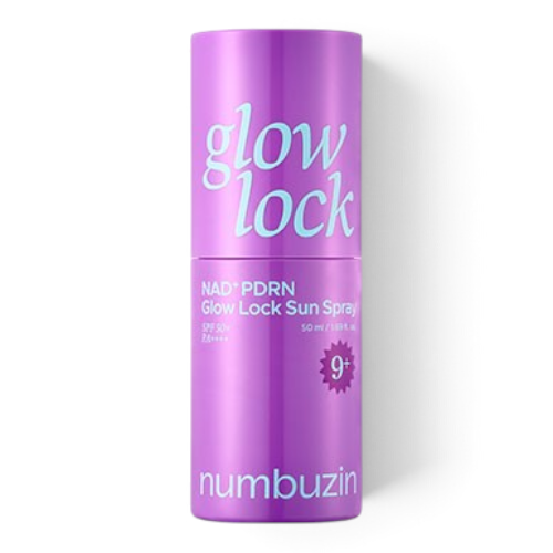 bareskin.lt Numbuzin No.9 NAD+ PDRN Glow Lock Sun Spray in a purple bottle for daily SPF protection