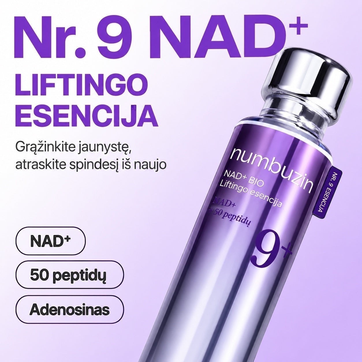 numbuzin No.9 NAD Bio Lifting Essence bottle by bareskin.lt featuring NAD+ and 50 peptides for anti-aging skin care.