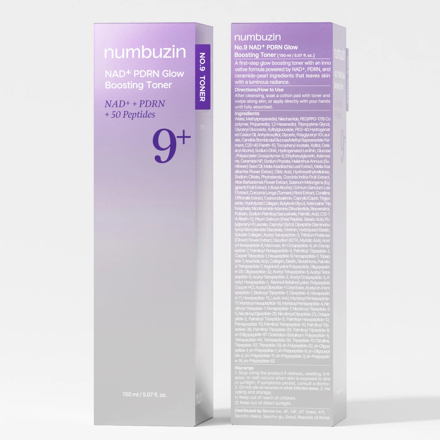 Numbuzin No.9 NAD PDRN Glow Boosting Toner packaging from bareskin.lt, a light purple bottle for radiant skin.
