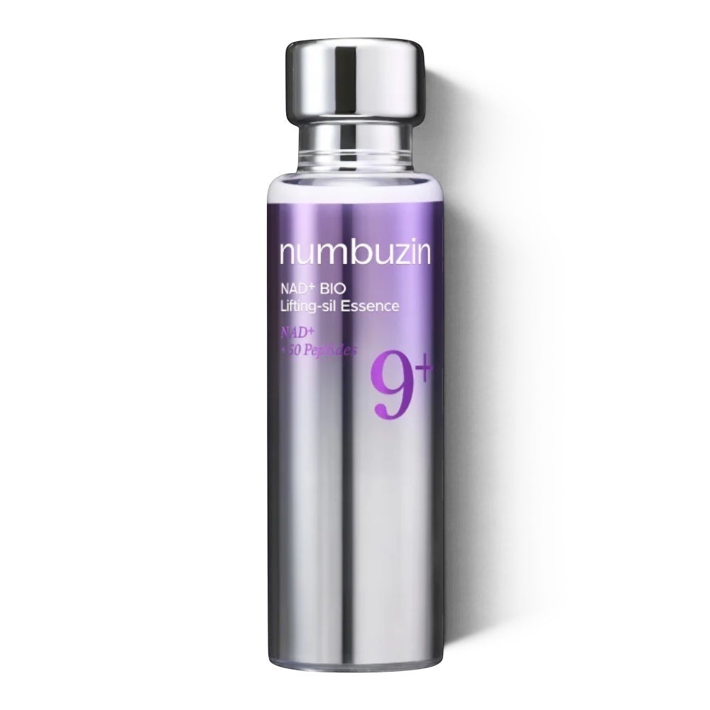 numbuzin No.9 NAD Bio Lifting Essence from bareskin.lt in a sleek purple and silver bottle for mature skin care.