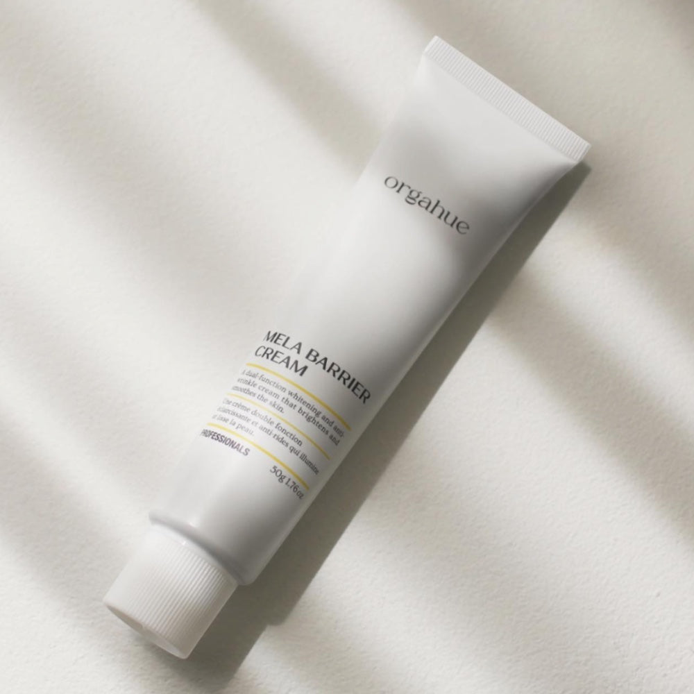 bareskin.lt orgahue Mela Barrier Cream in a white squeeze tube for moisturizing and brightening skin