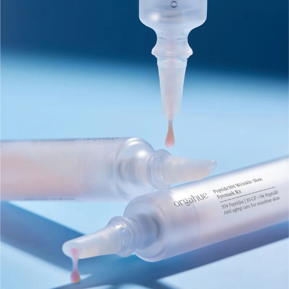 bareskin.lt orgahue Peptide 104 Wrinkle Shot Eyemask tubes with precision applicator tips dispensing anti-aging serum