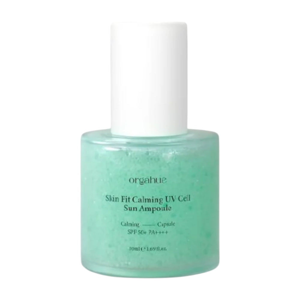 bareskin.lt orgahue Skin Fit Calming UV Cell Sun Ampoule in a light green glass bottle with white cap