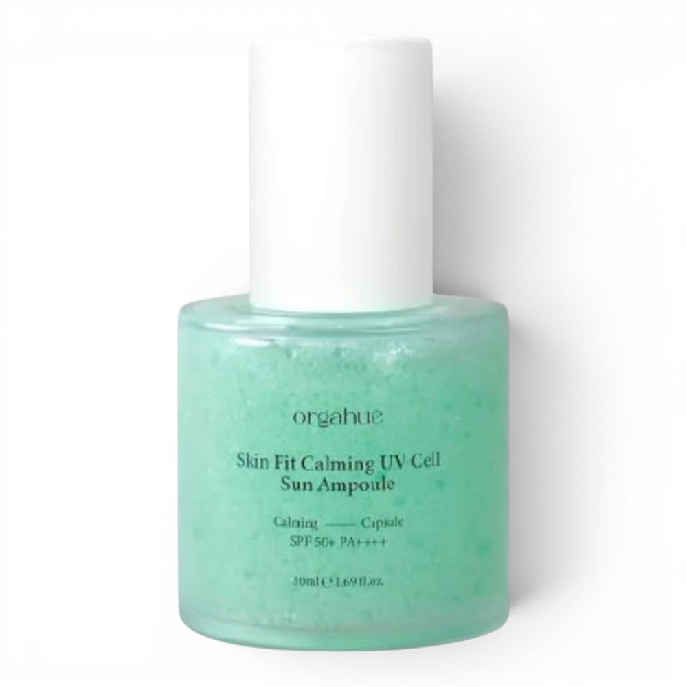 bareskin.lt orgahue Skin Fit Calming UV Cell Sun Ampoule in a light green glass bottle with white cap