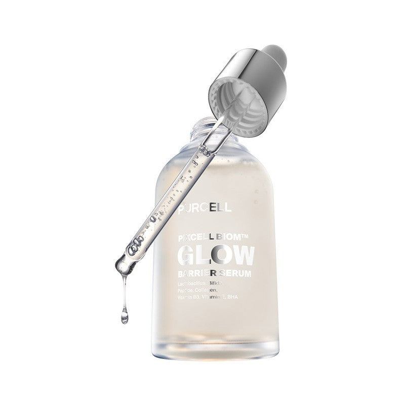 bareskin.lt PURCELL Pixcell Biom Glow Barrier Serum in a clear glass bottle with a silver dropper applicator.