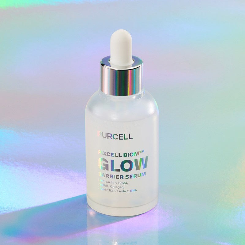bareskin.lt PURCELL Pixcell Biom Glow Barrier Serum in a frosted glass dropper bottle on a holographic background.