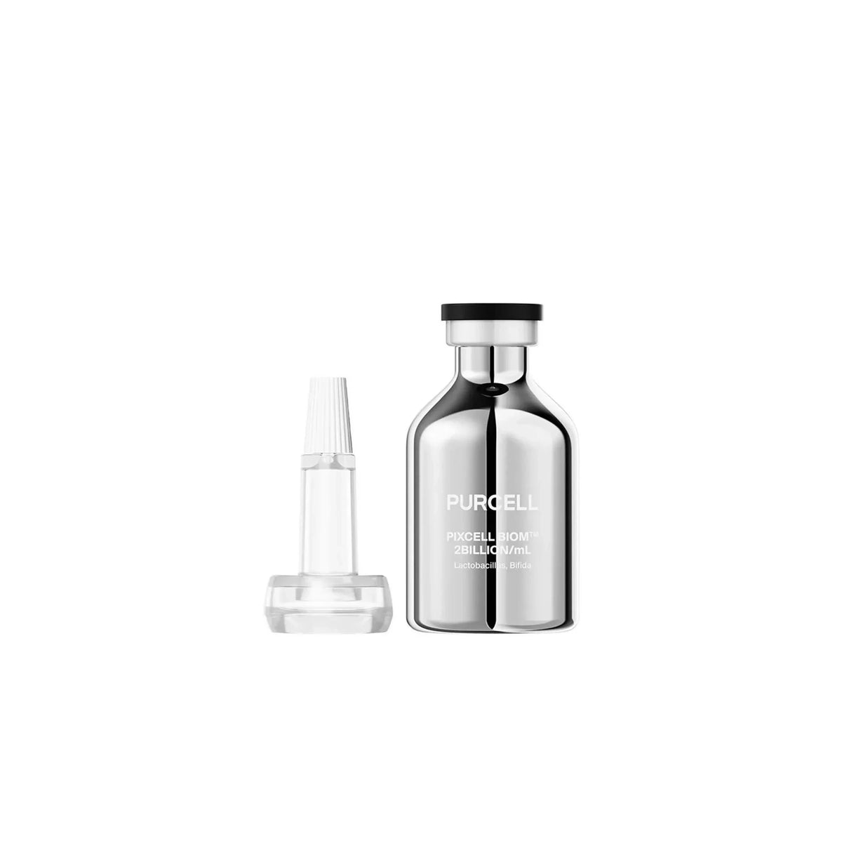 bareskin.lt PURCELL Pixcell Biom probiotic serum in a metallic silver bottle with a separate clear applicator cap