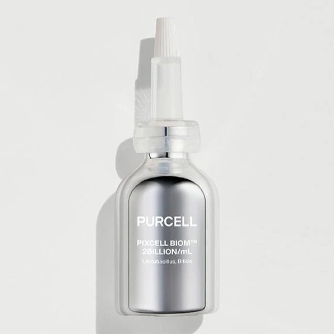 PURCELL Pixcell Biom probiotic serum in a silver bottle with a dropper, sold by bareskin.lt