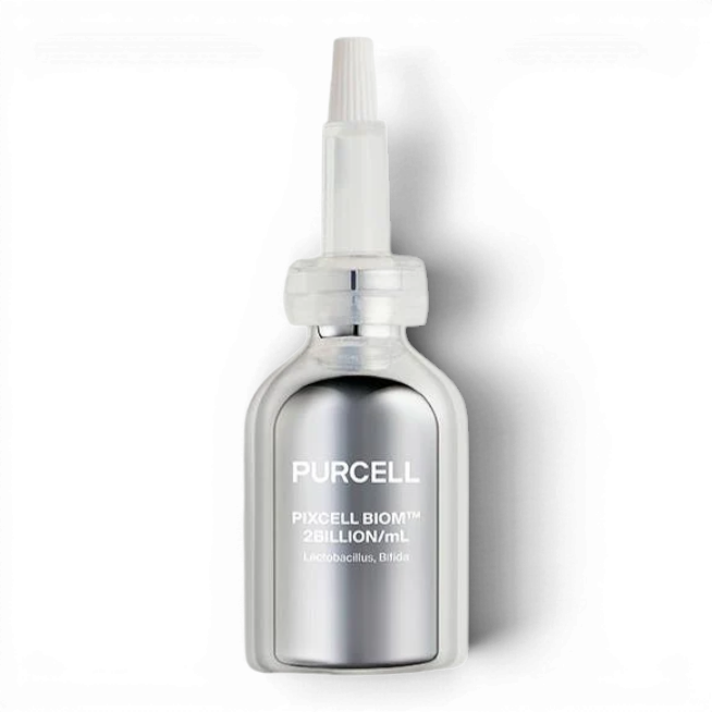 PURCELL Pixcell Biom probiotic serum by bareskin.lt in a silver glass bottle with a dropper applicator.