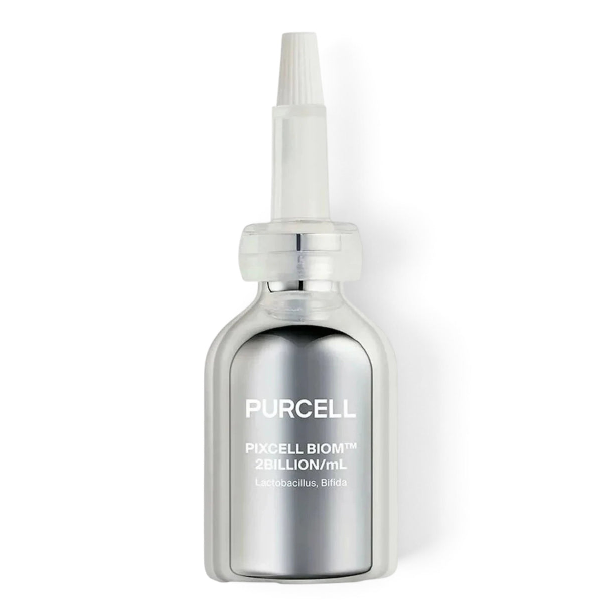 bareskin.lt PURCELL Pixcell Biom probiotic serum in a sleek silver bottle with a precision applicator tip