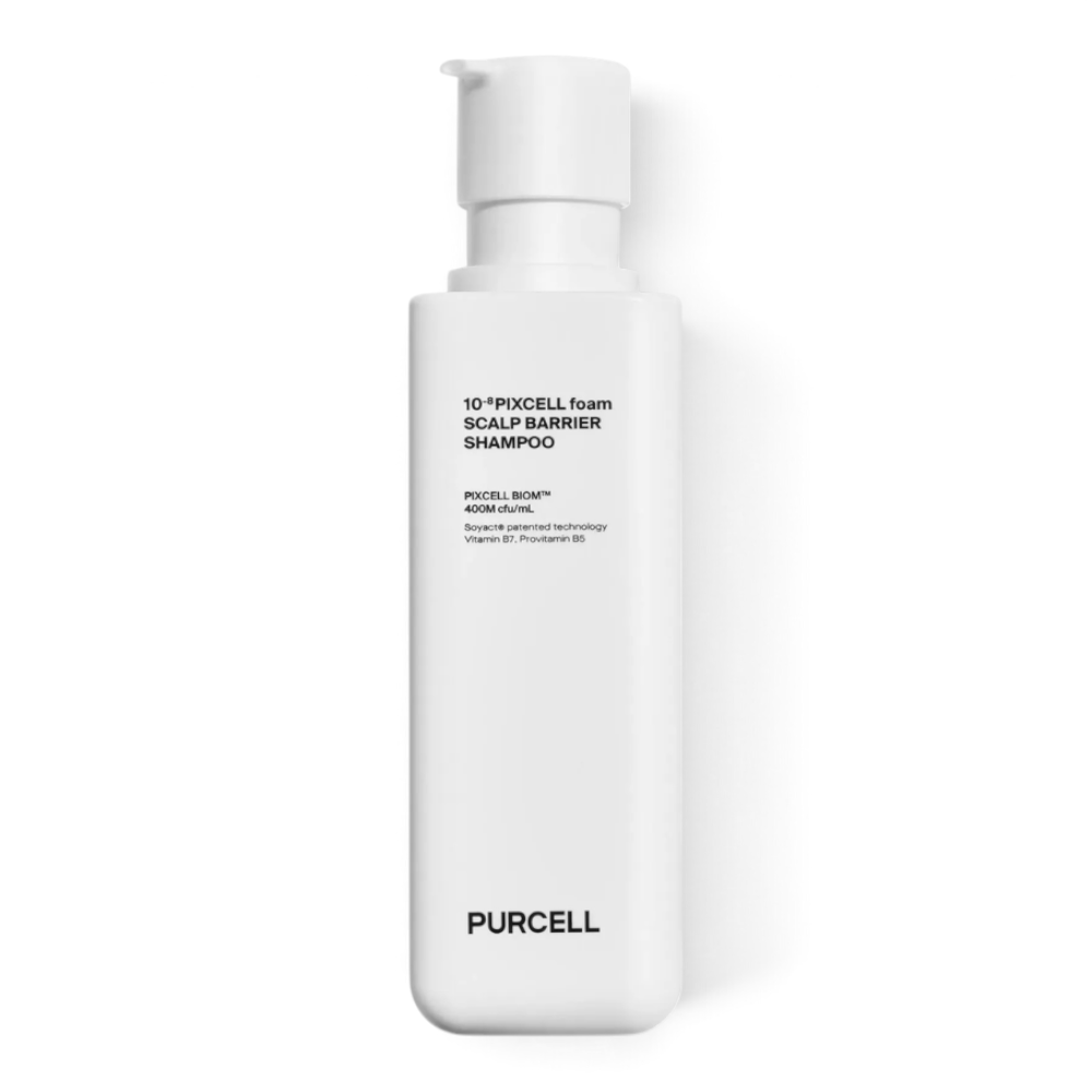 PURCELL Pixcell BIOM Scalp Barrier Shampoo in a white pump bottle from bareskin.lt for scalp health and freshness.