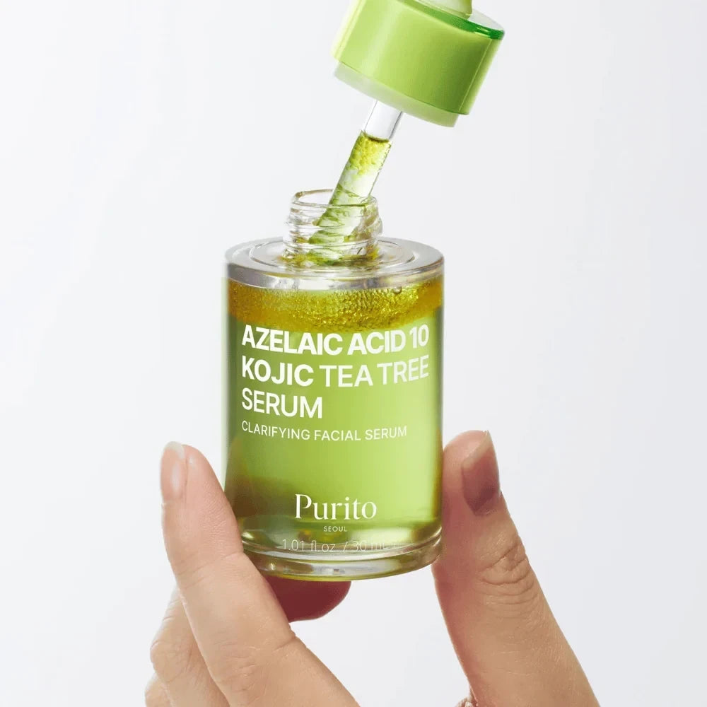 bareskin.lt PURITO SEOUL Azelaic Acid 10 Kojic Tea Tree Serum serumas sukurtas intensyvesnei odos priežiūrai, kai oda linkusi į bėrimus, netolygų atspalvį ar diskomfortą