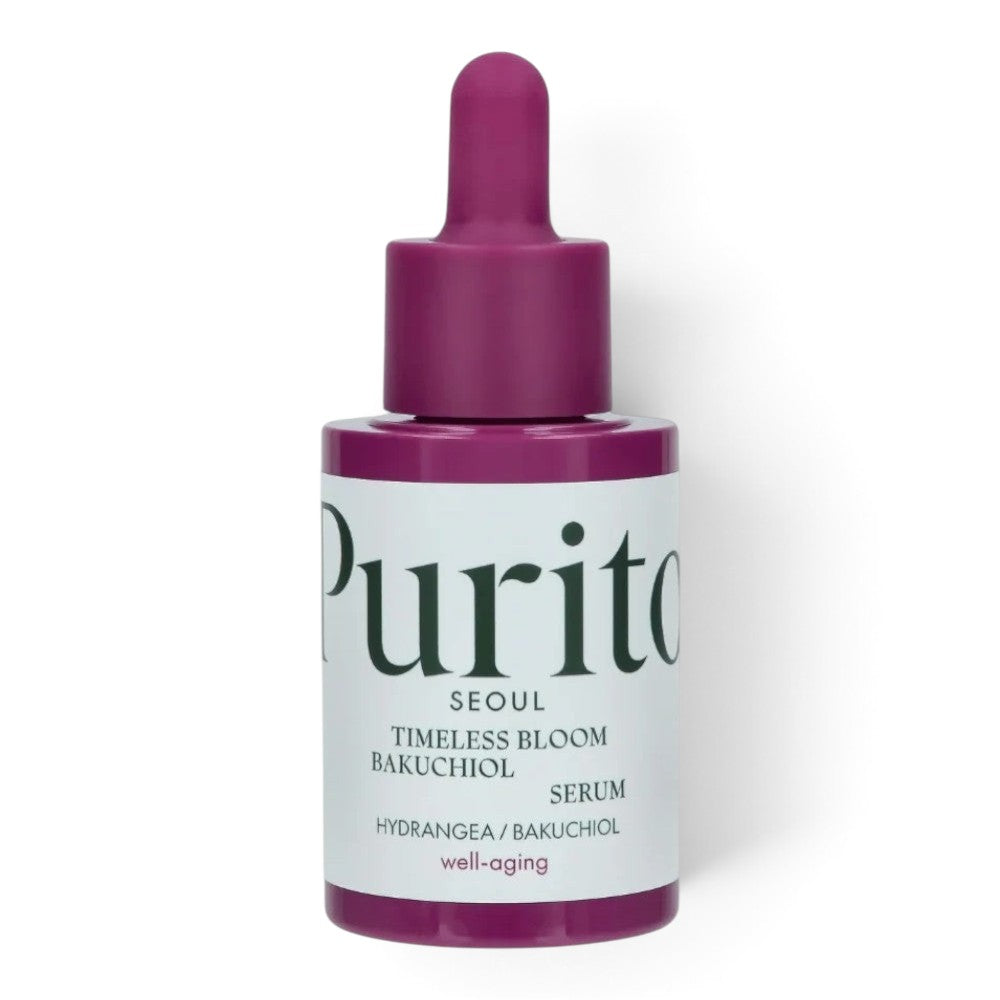 bareskin.lt PURITO Bakuchiol Timeless Bloom serum in a purple glass dropper bottle for anti-aging skincare