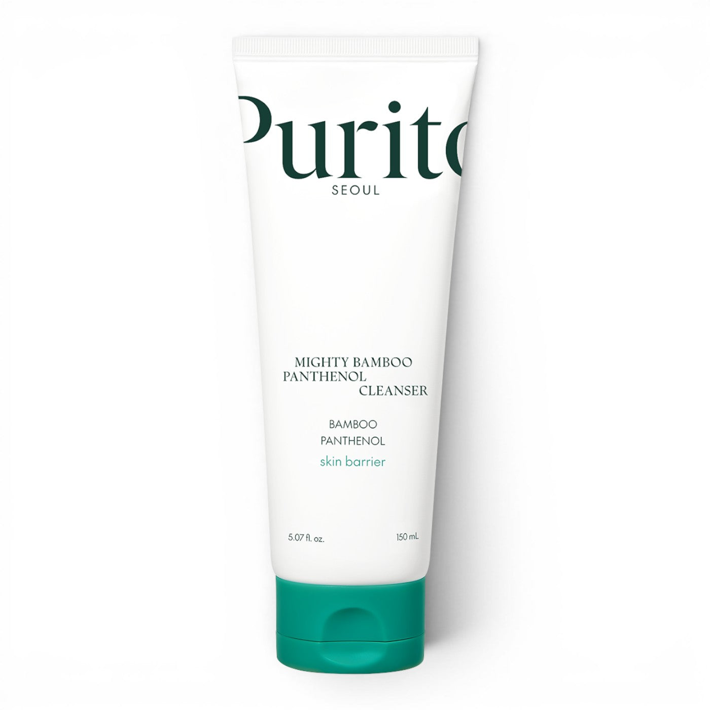 bareskin.lt PURITO SEOUL Mighty Bamboo Panthenol Cleanser in a white tube with a green cap for daily facial cleansing.