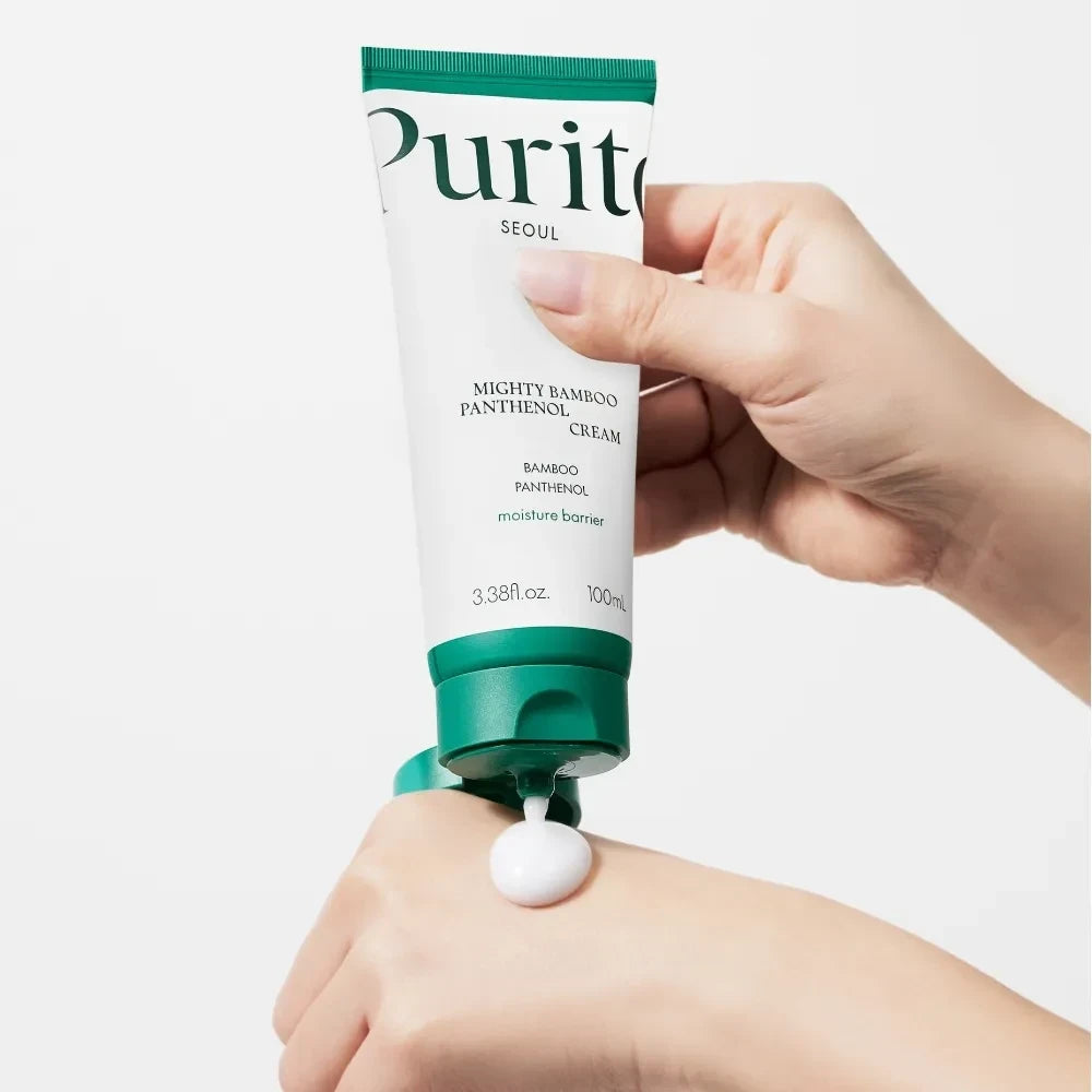 bareskin.lt PURITO SEOUL Mighty Bamboo Panthenol Cream kremas, praturtintas bambuko ekstraktu ir pantenoliu, efektyviai atkuria pažeistą odos barjerą, sukuria drėgmės apsauginį sluoksnį, bei greitai didina drėgmės lygį, suteikiant odai sveiką švytėjimą