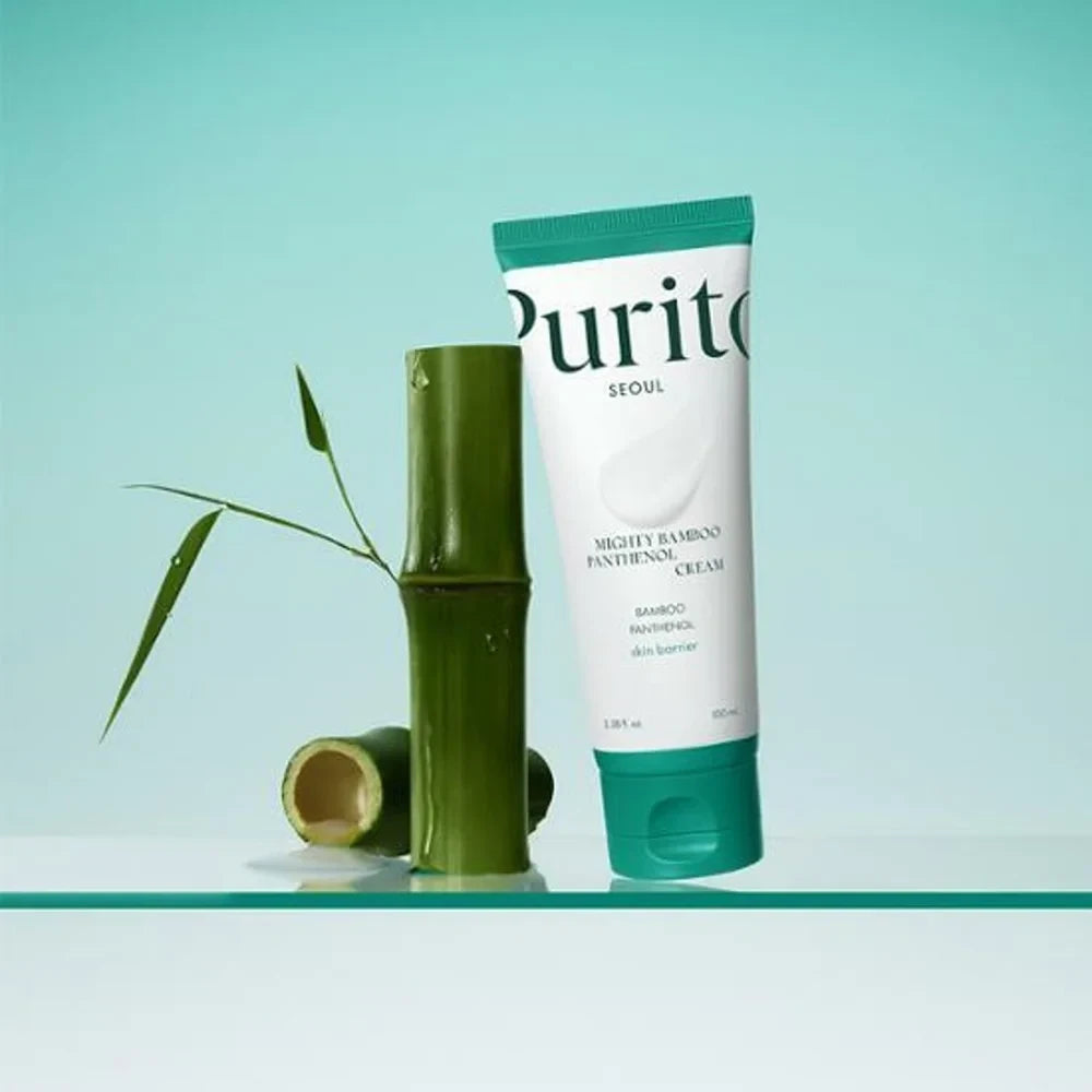 bareskin.lt PURITO SEOUL Mighty Bamboo Panthenol Cream kremas, praturtintas bambuko ekstraktu ir pantenoliu, efektyviai atkuria pažeistą odos barjerą, sukuria drėgmės apsauginį sluoksnį, bei greitai didina drėgmės lygį, suteikiant odai sveiką švytėjimą