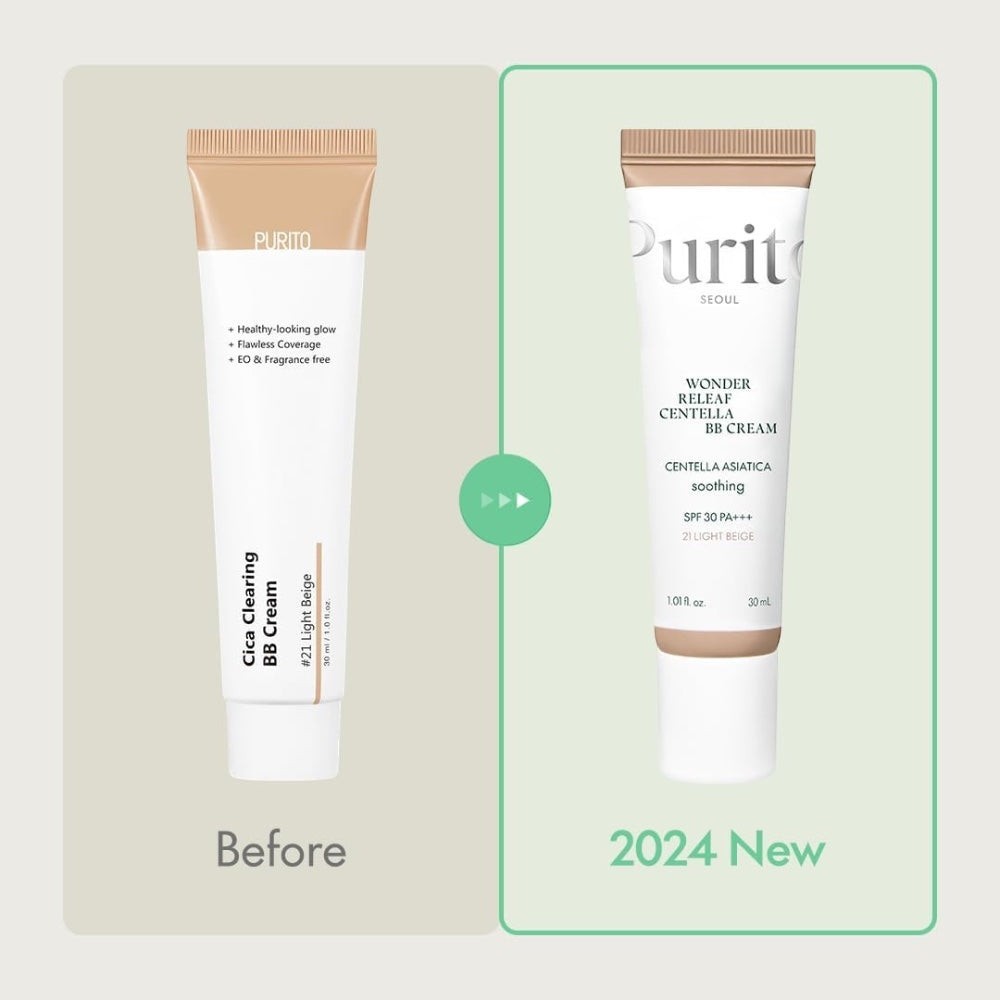 bareskin.lt Purito SEOUL Wonder Releaf Centella BB Cream in shade 13 Neutral Ivory with SPF 30 PA+++ BB kremas su SPF 30 PA+++ apsaugo odą nuo kenksmingų saulės spindulių ir efektyviai maskuoja išsiplėtusias poras bei kitus odos netobulumus