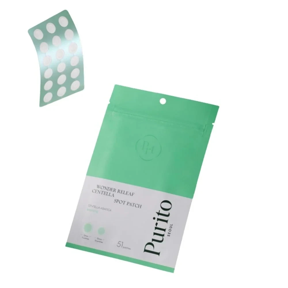 bareskin.lt Purito SEOUL Wonder Releaf Centella hydrocolloid acne spot patches lokalūs pleistrai spuogams, kurie greitai ramina ir gydo problemines odos vietas