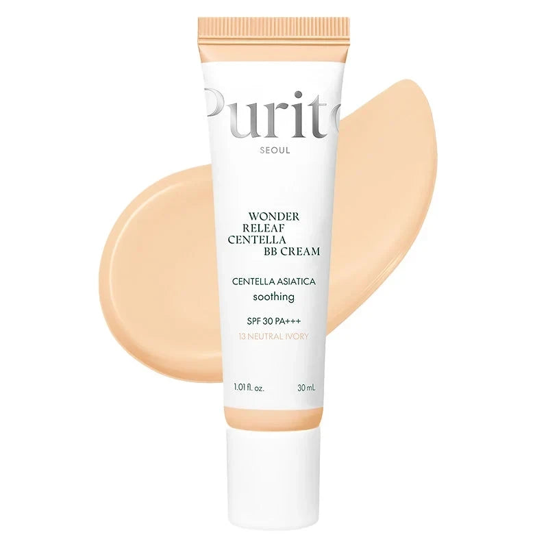 bareskin.lt Purito SEOUL Wonder Releaf Centella BB Cream in shade 13 Neutral Ivory with SPF 30 PA+++ BB kremas su SPF 30 PA+++ apsaugo odą nuo kenksmingų saulės spindulių ir efektyviai maskuoja išsiplėtusias poras bei kitus odos netobulumus