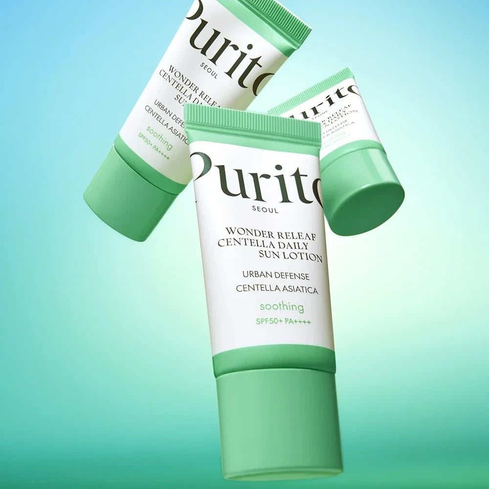 bareskin.lt Purito Seoul Wonder Releaf Centella Daily Sun Lotion SPF50+ lengvos tekstūros kremas su apsauga nuo saulės, pritaikytas kasdieniam naudojimui
